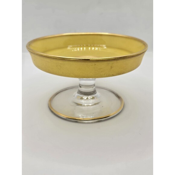 Yellow Depression Glass Pedestal Cheese Compote 4.75" Gold Edging Candy/Nut Dish - Picture 11 of 16